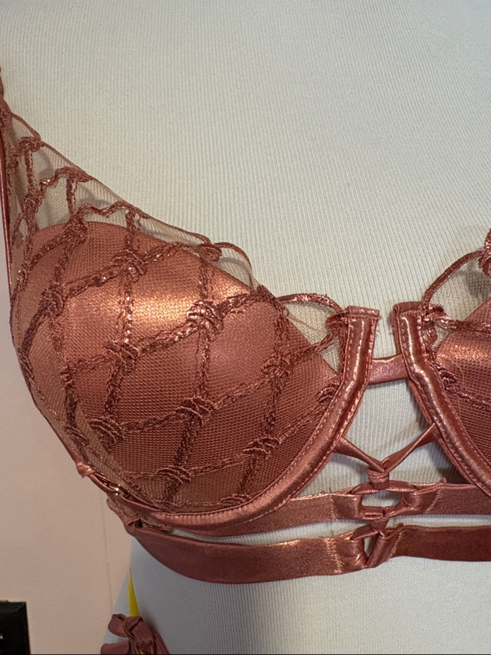 Honey Birdette Metallic Rose-gold push-up plunge bra and high waist Brazilian - Picture 2 of 8